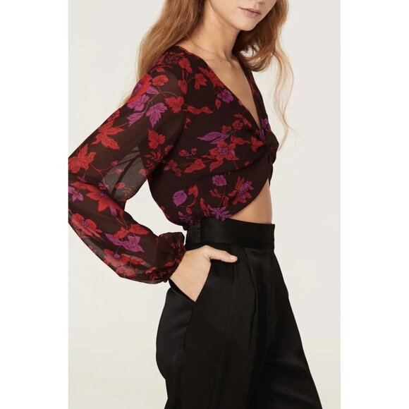 NWT Sanctuary Floral Chiffon Twist Front Crop Top w/ Balloon Sleeves - Picture 1 of 6